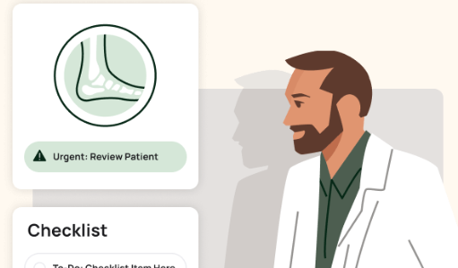 Illustration of a healthcare professional, possibly a doctor, next to a medical interface. The interface displays a reminder to 