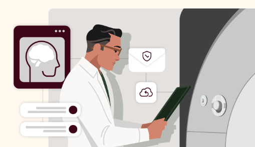 Illustration of a doctor in a white coat examining a clipboard. He stands next to a medical imaging machine. Icons representing a brain scan, emails, and a cloud are displayed around him, suggesting data analysis or telemedicine.