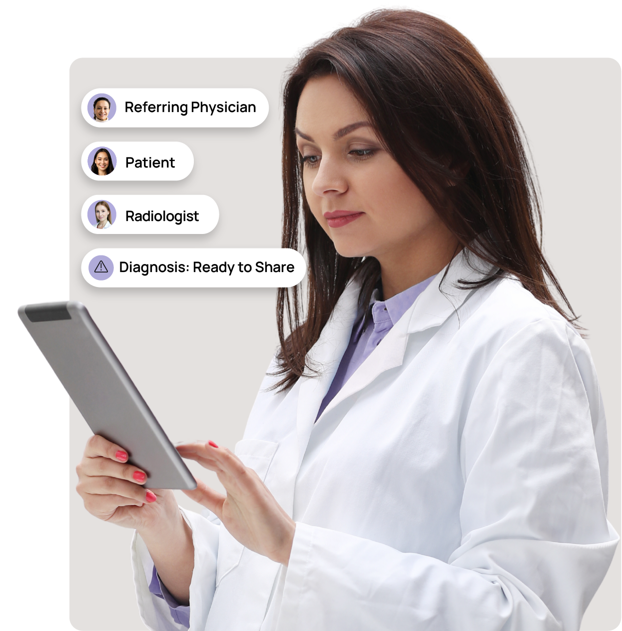 A female doctor in a white coat is looking at a tablet. There are icons beside her labeled 