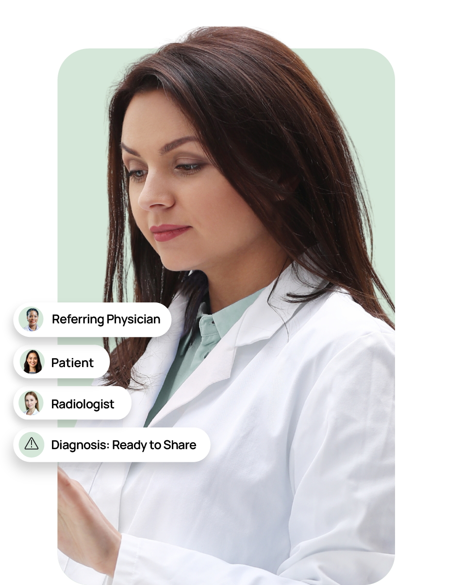 A female doctor in a white lab coat is focused on a tablet screen. Text bubbles next to her list 