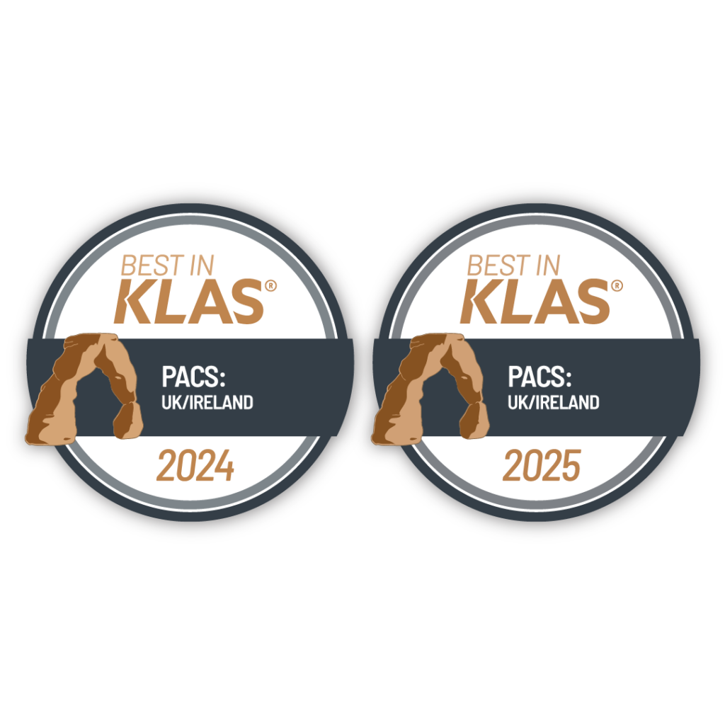 Two circular badges with "Best in KLAS" at the top. Left badge reads "PACS: UK/Ireland 2024" and right badge reads "PACS: UK/Ireland 2025". Both feature a mountain arch graphic.