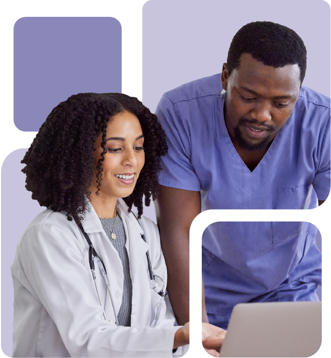 A doctor in a white coat and a nurse in blue scrubs review a laptop screen together during an RSNA 2026 Lunch and Learn.